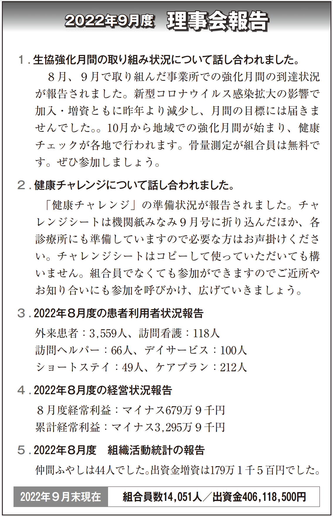 2022年9月度理事会報告